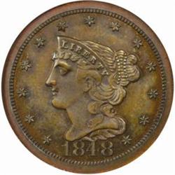 1848 Half Cent. B-2. Rarity-6-. First Restrike. Proof-66 BN (NGC).