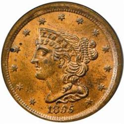 1855 Half Cent. B-1, C-1, the only known dies. Rarity-1. MS-64 RB (PCGS).