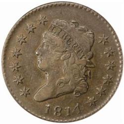 1814 Large Cent. S-295. Rarity-1. Plain 4. EF-45 (PCGS).