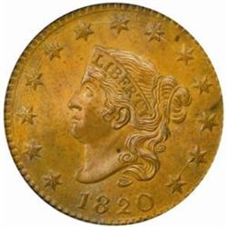 1820 Large Cent. N-13. Rarity-1. Large Date. MS-64 BN (PCGS).