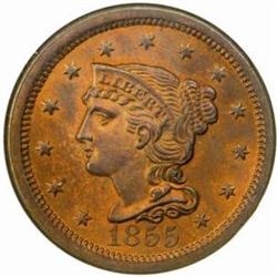 1855 Large Cent. N-4. Rarity-1. Upright 55. MS-66 RB (NGC).