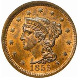 1855 Large Cent. N-4. Rarity-1. Upright 55. MS-64 RB (PCGS).