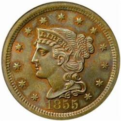 1855 Large Cent. N-4. Rarity-1. Upright 55. MS-64 BN (PCGS).