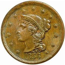 1856 Large Cent. N-14. Rarity-1. Slanting 5. MS-64 BN (PCGS).