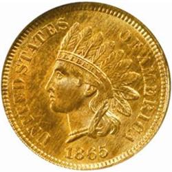1865 Indian Cent. Fancy 5. MS-64 RD (NGC).