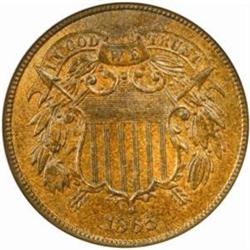 1865 Two-Cent Piece. Plain 5. FS-002, VP-001. Doubled Die Obverse. MS-64 RB (NGC).