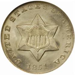 1851-O Silver Three-Cent Piece. MS-66 (NGC).