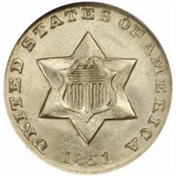 1851-O Silver Three-Cent Piece. MS-64 (NGC).
