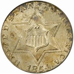 1854 Silver Three-Cent Piece. MS-64 (PCGS).