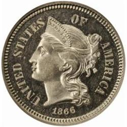 1866 Nickel Three-Cent Piece. Proof-64 Cameo (NGC).