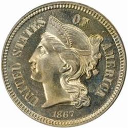 1867 Nickel Three-Cent Piece. Proof-66 Cameo (PCGS).