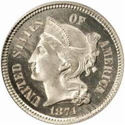 1874 Nickel Three-Cent Piece. Proof-65 Cameo (PCGS).