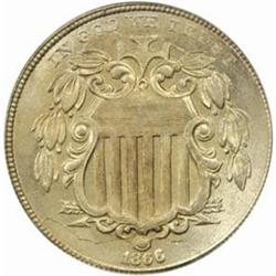 1866 Shield Nickel. Rays. MS-65 (PCGS).