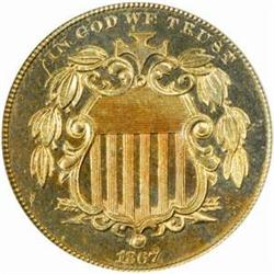 1867 Shield Nickel. Rays. Proof-64 (PCGS).