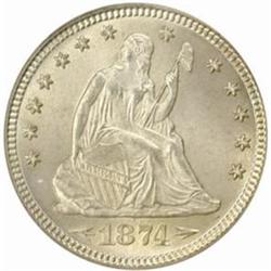 1874 Seated Liberty Quarter. Arrows. MS-65 (PCGS).