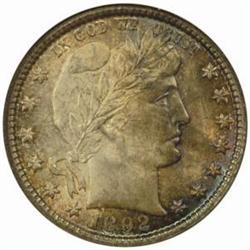 1892 Barber Quarter. FS-007.7, Lawrence-104. Doubled Die Obverse, Type II Reverse. MS-65 (NGC).