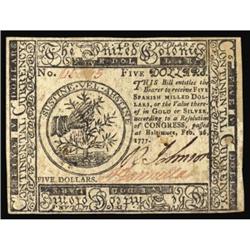 CC-58. Continental. February 26, 1777. $5 Maryland Issue. PMG Choice Uncirculated 63.