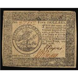 CC-72. Continental. April 11, 1778. Yorktown Issue. $5. PMG Very Fine 30