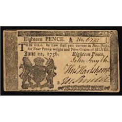 NJ-93. New Jersey. June 22, 1756. 18 Pence. PMG Choice Uncirculated 64EPQ.