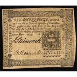 PA-160. Pennsylvania. March 20, 1773. 6 Shillings. PMG About Uncirculated 50EPQ.
