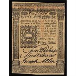 PA-170. Pennsylvania. October 1, 1773. 50 Shillings. PMG Choice Uncirculated 64EPQ.