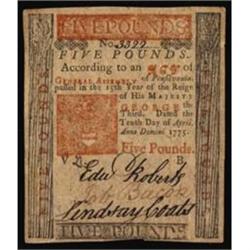 PA-176. Pennsylvania. April 10, 1775. 5 Pounds. PMG Choice Uncirculated 63.