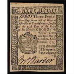 PA-181. Pennsylvania. October 25, 1775. 3 Pence. PMG Gem Uncirculated 66EPQ.