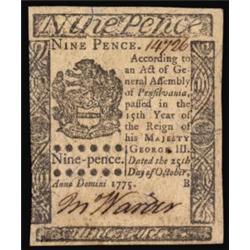 PA-184. Pennsylvania. October 25, 1775. 9 Pence. PCGS New 62PPQ.