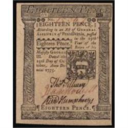 PA-186. Pennsylvania. October 25, 1775. 18 Pence. PCGS Very Choice New 64.