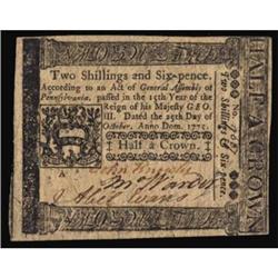 PA-188. Pennsylvania. October 25, 1775. 2 Shillings, 6 Pence. PMG Choice Uncirculated 64EPQ.