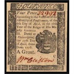PA-198. Pennsylvania. April 25, 1776. 4 Pence. PCGS Gem New 65PPQ.