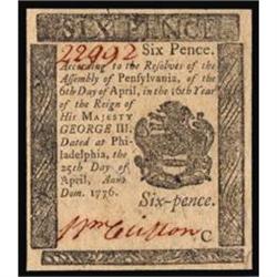 PA-199. Pennsylvania. April 25, 1776. 6 Pence. PCGS Gem New 65PPQ.