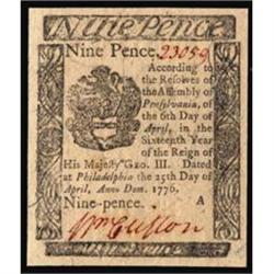 PA-200. Pennsylvania. April 25, 1776. 9 Pence. PCGS Gem New 66PPQ.