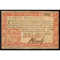 PA-223a. Pennsylvania. April 10, 1777. 40 Shillings. PCGS About New 50.