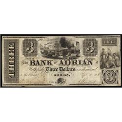 Adrian, MI. The Bank of Adrian. September 10, 1838. $3. Very Fine.