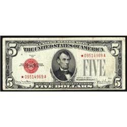 Fr. 1531*. 1928F $5 Legal Tender Star Note. Narrow. Fine+.