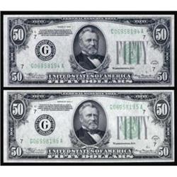 Lot of (2) Fr. 2102-G & 2103-G 1934 & 1934A $50 FRN's. Changeover Pair. PMG 65EPQ & 64EPQ.