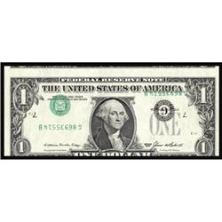 Fr. 1913-G. 1985 $1 Federal Reserve Note. ERROR-Inverted Overprint Ty. 2. Choice About Uncirculated.