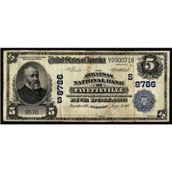 Fayetteville, AR. $5 1902 Plain Back. Fr. 600. The Arkansas NB. Charter #(S)8786. Fine.
