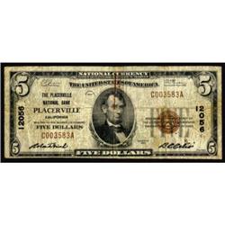 Placerville, CA. $5 1929 Ty. 1. The Placerville NB. Charter #12056. Very Good.