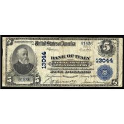 San Francisco, CA. $5 1902 Plain Back. Fr. 609. Bank of Italy NT and SA. Charter #13044. Very Good+.