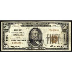 Honolulu, HI. $50 1929 Ty. 1. Bishop FNB. Charter #5550. Fine-Very Fine.