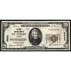 Mt. Auburn, IL. $20 1929 Ty. 1. The FNB. Charter #9922. Fine.