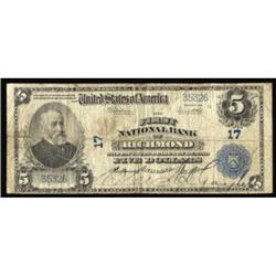 Richmond, IN. $5 1902 Plain Back. Fr. 609. The FNB. Charter #17. Very Good/Fine.