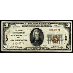 New Hampton, IA. $20 1929 Ty. 1. The Second NB. Charter #7607. Very Fine.