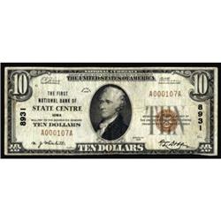 State Centre, IA. $10 1929 Ty. 1. The FNB. Charter #8931. Fine+.