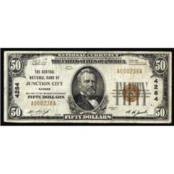 Junction City, KS. $50 1929 Ty. 1. The Central NB. Charter #4284. Fine+.