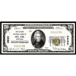 Bel Air, MD. $20 1929 Ty. 1. The Second NB. Charter #3933. Fine.