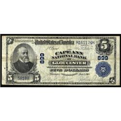 Gloucester, MA. $5 1902 Plain Back. Fr. 598. The Cape Ann NB. Charter #899. Fine/Very Fine.