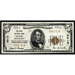 Lenox, MA. $5 1929 Ty. 1. The Lenox NB. Charter #4013. Very Fine+.